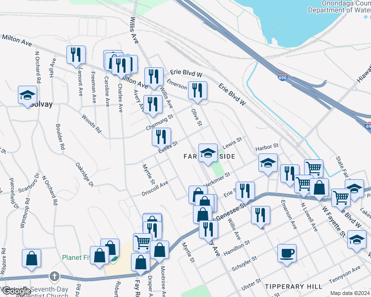 map of restaurants, bars, coffee shops, grocery stores, and more near 206 Essex Street in Syracuse