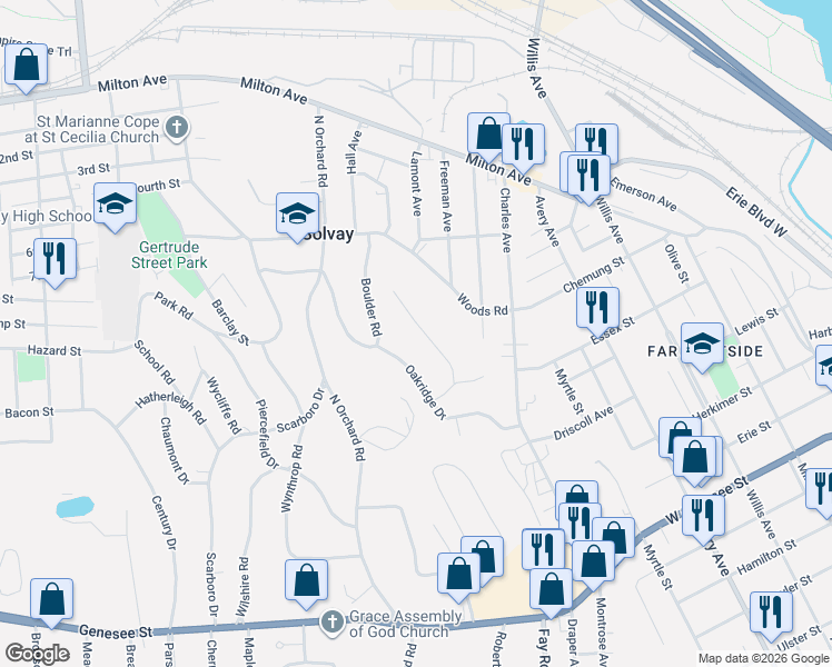 map of restaurants, bars, coffee shops, grocery stores, and more near 123 Huntshill Road in Syracuse