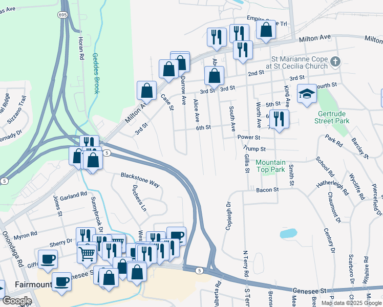 map of restaurants, bars, coffee shops, grocery stores, and more near 413 Darrow Avenue in Solvay