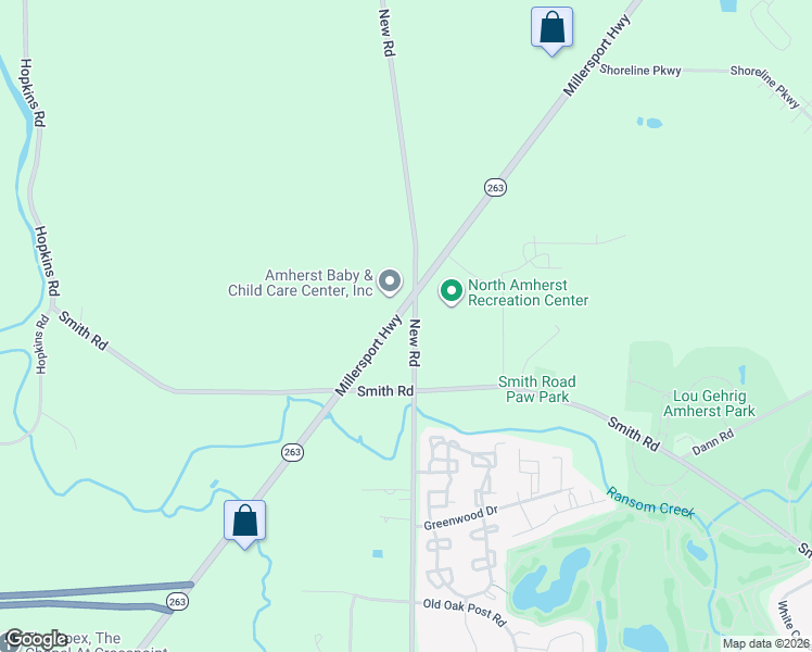 map of restaurants, bars, coffee shops, grocery stores, and more near 4415 Millersport Highway in East Amherst