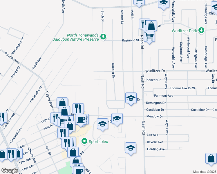map of restaurants, bars, coffee shops, grocery stores, and more near 1210 Bowen Drive in North Tonawanda