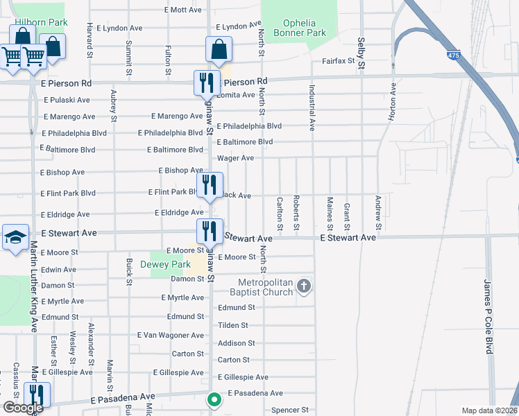 map of restaurants, bars, coffee shops, grocery stores, and more near 761 Black Avenue in Flint