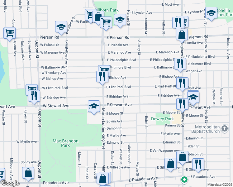 map of restaurants, bars, coffee shops, grocery stores, and more near 145 East Flint Park Boulevard in Flint