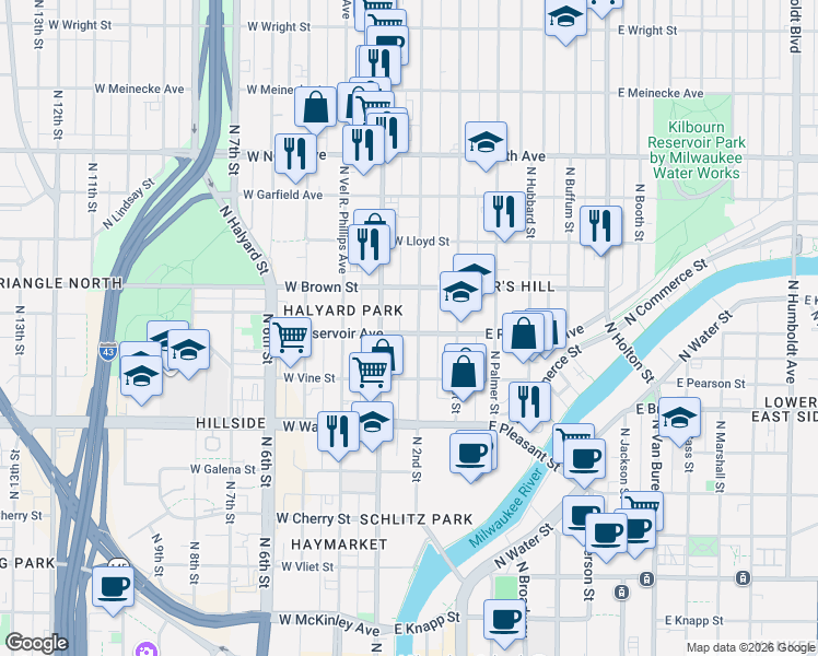 map of restaurants, bars, coffee shops, grocery stores, and more near 1934 North Doctor Martin Luther King Junior Drive in Milwaukee