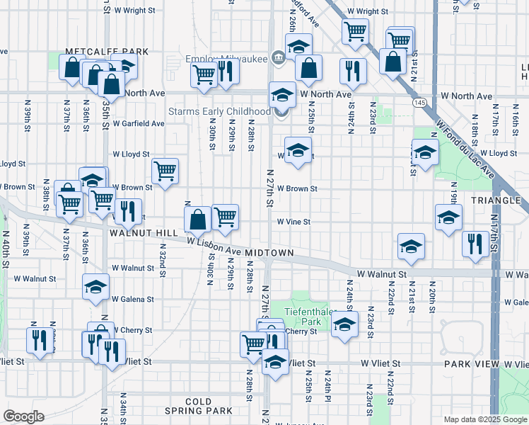 map of restaurants, bars, coffee shops, grocery stores, and more near 1949 North 27th Street in Milwaukee