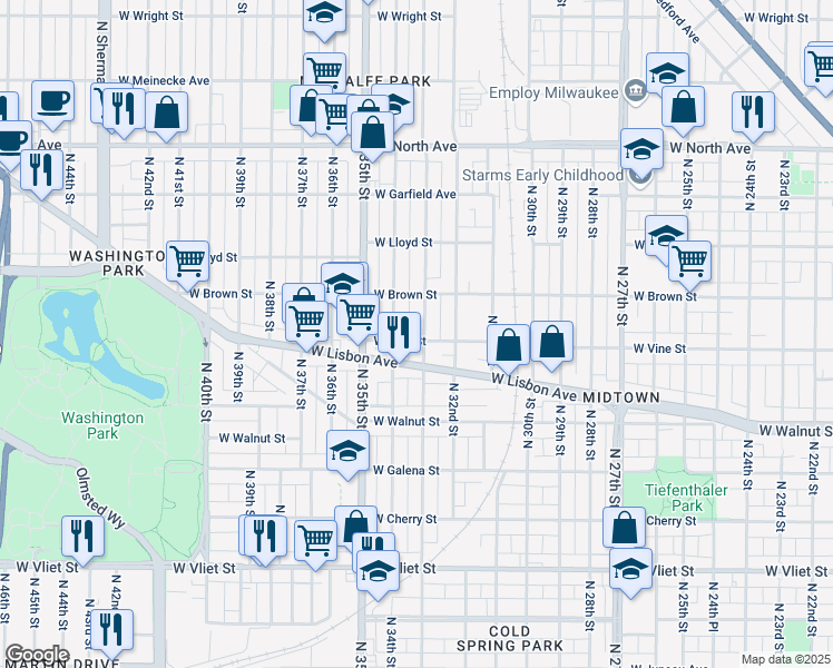 map of restaurants, bars, coffee shops, grocery stores, and more near 1939 North 33rd Street in Milwaukee