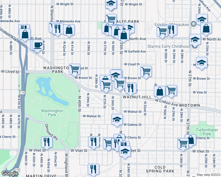 map of restaurants, bars, coffee shops, grocery stores, and more near 1960 North 36th Street in Milwaukee