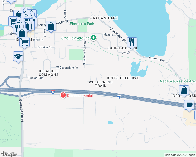map of restaurants, bars, coffee shops, grocery stores, and more near 131 Woods Drive in Delafield