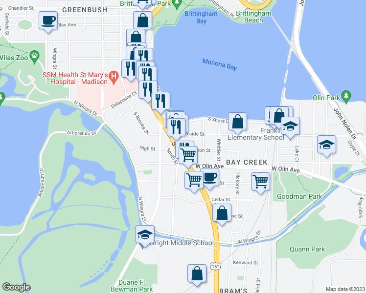 map of restaurants, bars, coffee shops, grocery stores, and more near 833 West Lakeside Street in Madison