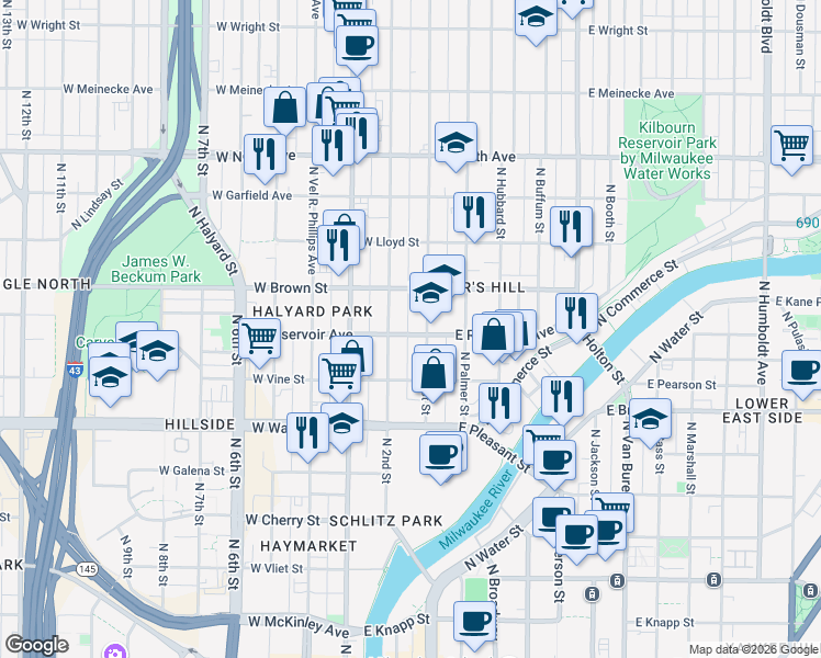 map of restaurants, bars, coffee shops, grocery stores, and more near 1934 North 2nd Street in Milwaukee