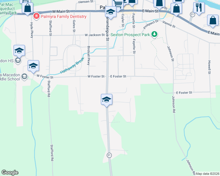 map of restaurants, bars, coffee shops, grocery stores, and more near 420 Canandaigua Street in Palmyra