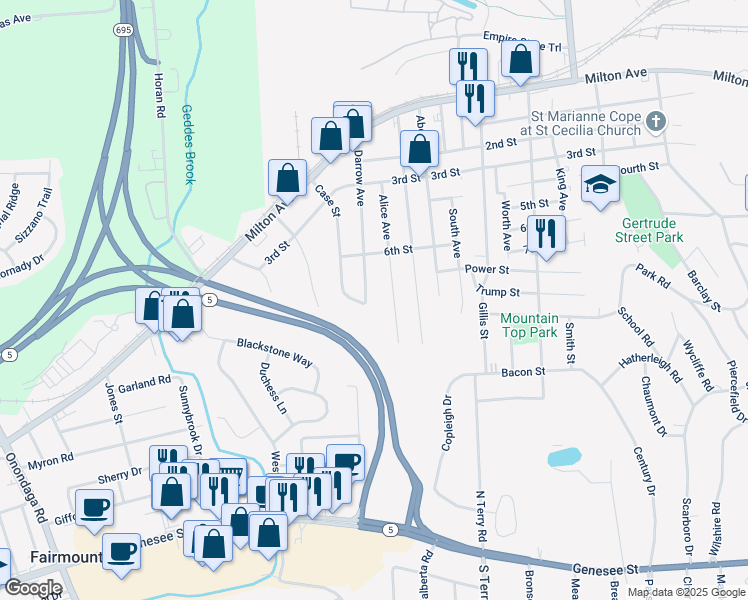 map of restaurants, bars, coffee shops, grocery stores, and more near 413 Darrow Avenue in Solvay