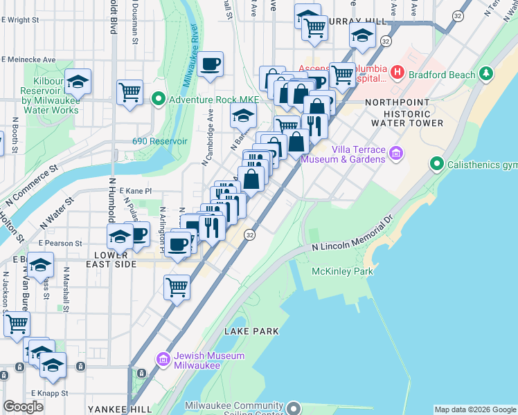 map of restaurants, bars, coffee shops, grocery stores, and more near 1925 North Prospect Avenue in Milwaukee