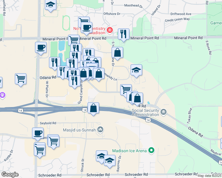 map of restaurants, bars, coffee shops, grocery stores, and more near 522 South Yellowstone Drive in Madison