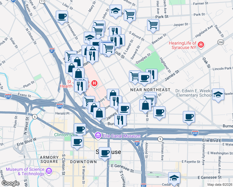 map of restaurants, bars, coffee shops, grocery stores, and more near 601 North Mcbride Street in Syracuse
