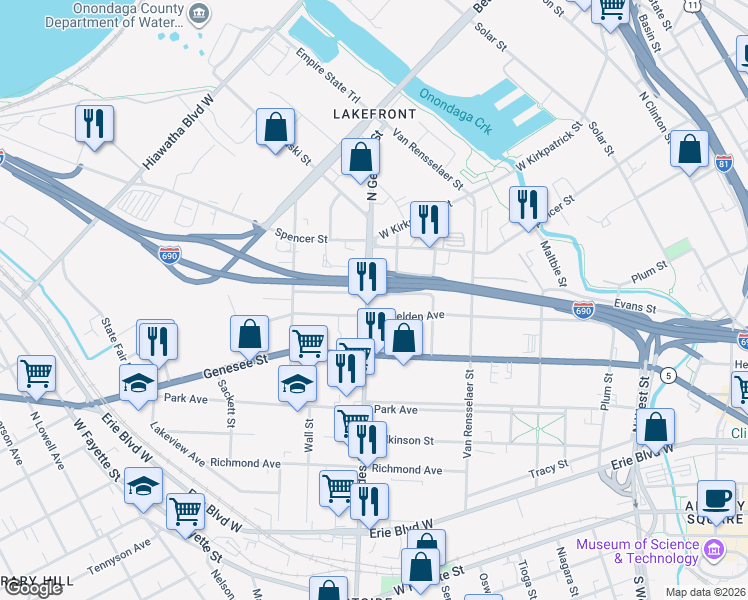 map of restaurants, bars, coffee shops, grocery stores, and more near 806 North Geddes Street in Syracuse