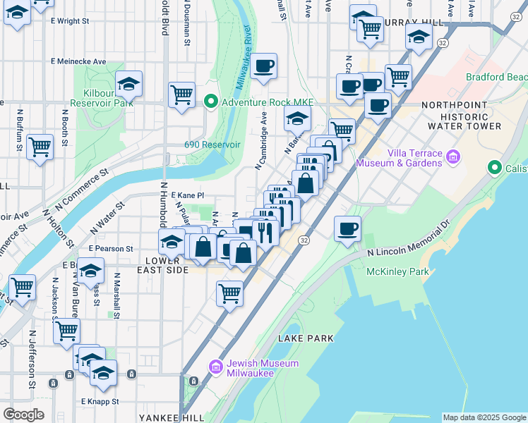 map of restaurants, bars, coffee shops, grocery stores, and more near 1864 North Cambridge Avenue in Milwaukee