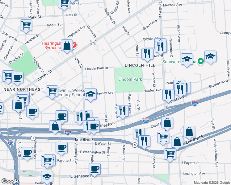 map of restaurants, bars, coffee shops, grocery stores, and more near 998 Hawley Avenue in Syracuse
