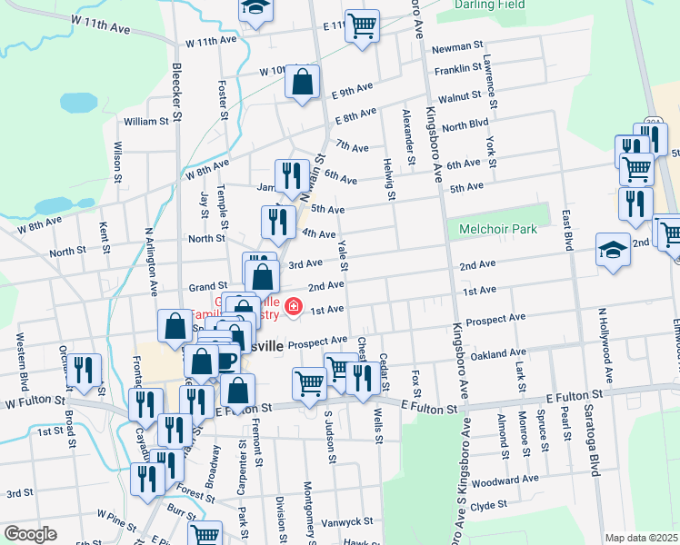 map of restaurants, bars, coffee shops, grocery stores, and more near 35 3rd Avenue in Gloversville