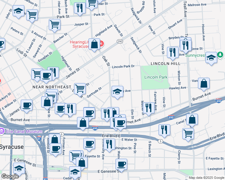 map of restaurants, bars, coffee shops, grocery stores, and more near 209 Delhi Street in Syracuse
