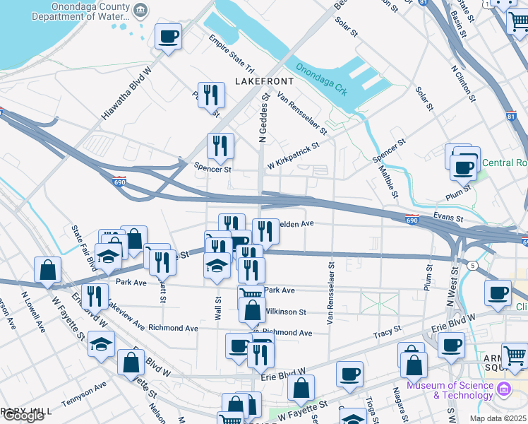 map of restaurants, bars, coffee shops, grocery stores, and more near 806 North Geddes Street in Syracuse