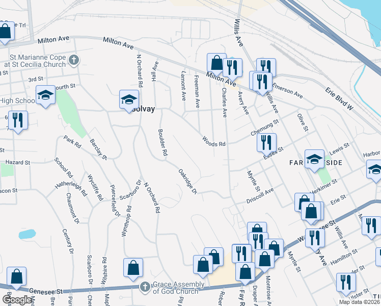 map of restaurants, bars, coffee shops, grocery stores, and more near 201 Woods Road in Syracuse