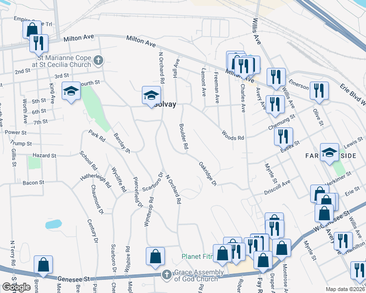 map of restaurants, bars, coffee shops, grocery stores, and more near 128 Boulder Road in Syracuse