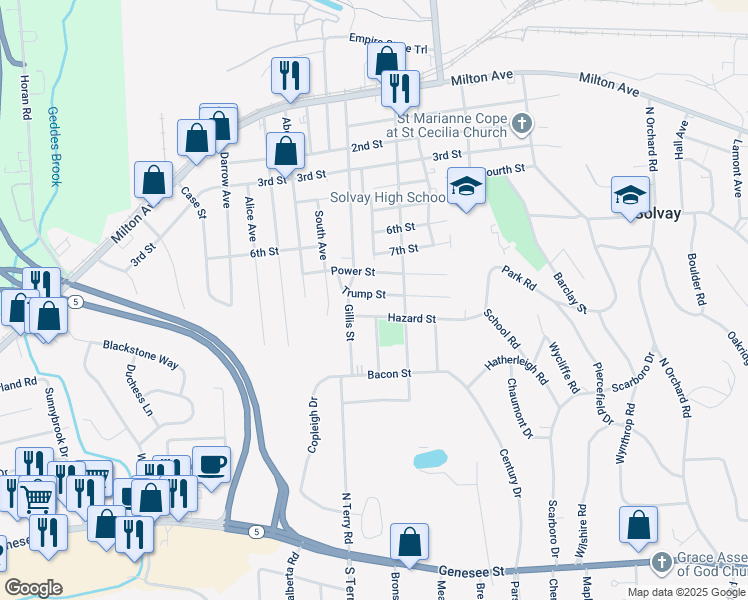 map of restaurants, bars, coffee shops, grocery stores, and more near 213 Power Street in Syracuse