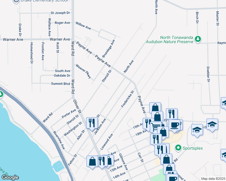 map of restaurants, bars, coffee shops, grocery stores, and more near 265 Carrousel Court in North Tonawanda