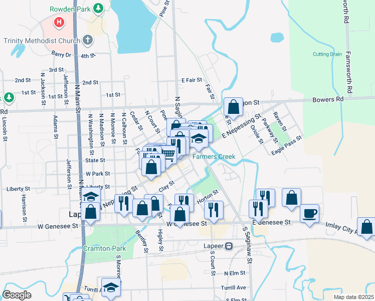 map of restaurants, bars, coffee shops, grocery stores, and more near 44 West Park Street in Lapeer