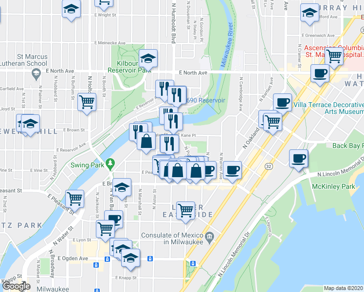 map of restaurants, bars, coffee shops, grocery stores, and more near 1131 East Kane Place in Milwaukee