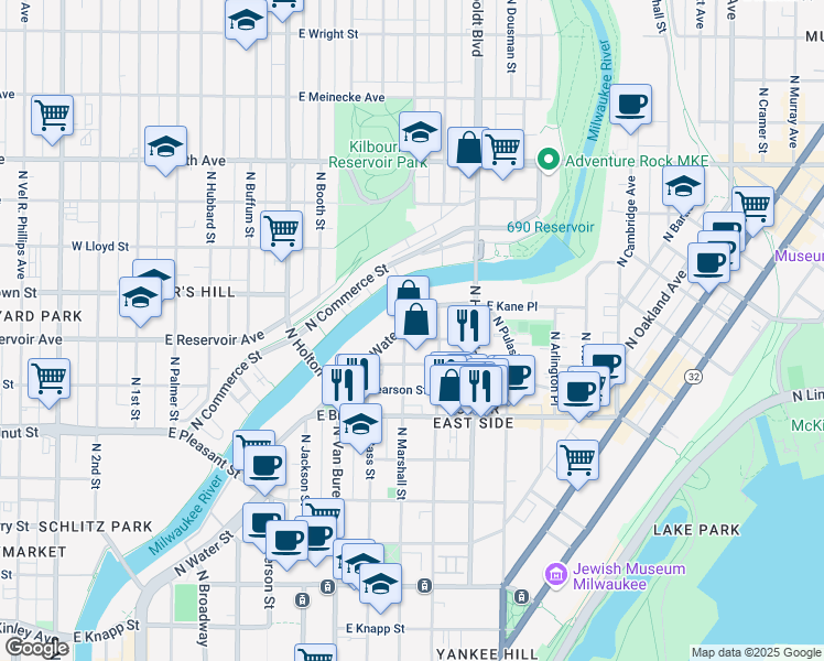 map of restaurants, bars, coffee shops, grocery stores, and more near 1888 North Water Street in Milwaukee