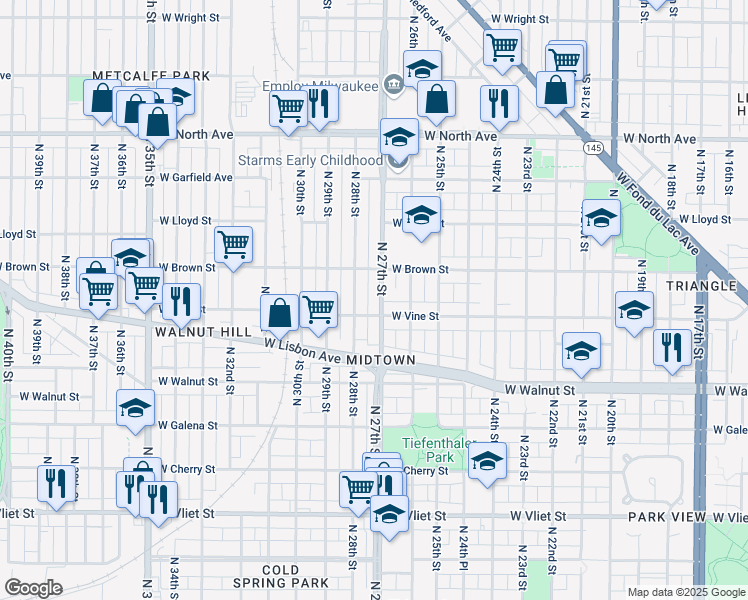 map of restaurants, bars, coffee shops, grocery stores, and more near 1949 North 27th Street in Milwaukee