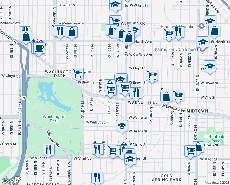 map of restaurants, bars, coffee shops, grocery stores, and more near 1960 North 36th Street in Milwaukee