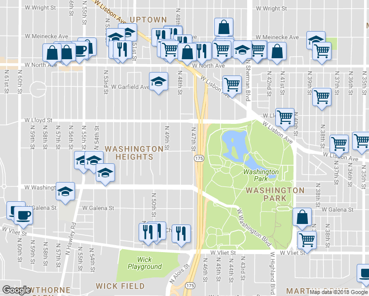 map of restaurants, bars, coffee shops, grocery stores, and more near 2000 North 48th Street in Milwaukee