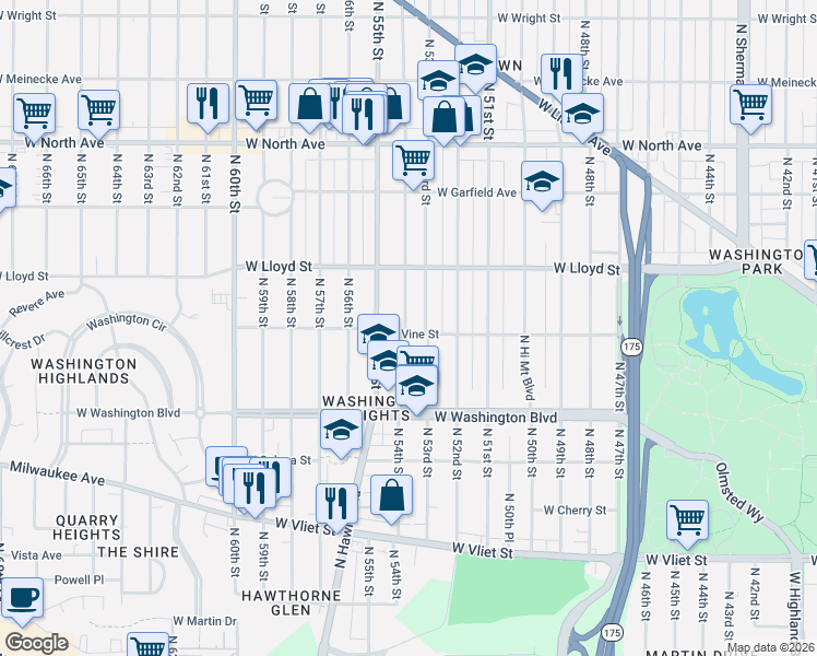 map of restaurants, bars, coffee shops, grocery stores, and more near 1935 North 54th Street in Milwaukee