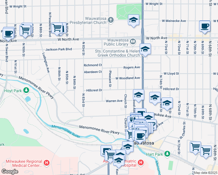 map of restaurants, bars, coffee shops, grocery stores, and more near 1937 Pleasant Street in Wauwatosa