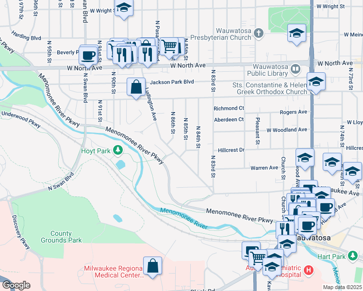 map of restaurants, bars, coffee shops, grocery stores, and more near 1936 North 85th Street in Wauwatosa