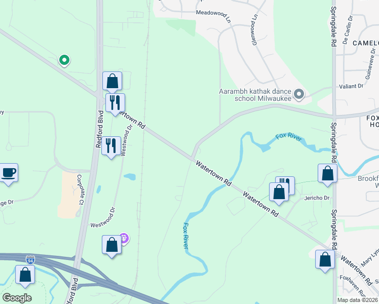 map of restaurants, bars, coffee shops, grocery stores, and more near N16W22419 Watertown Road in Waukesha