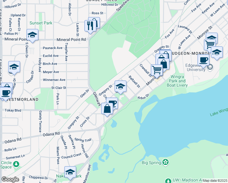 map of restaurants, bars, coffee shops, grocery stores, and more near 619 Gilmore Street in Madison