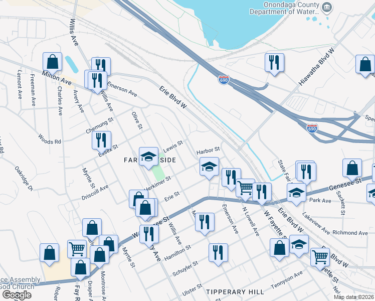 map of restaurants, bars, coffee shops, grocery stores, and more near 713 Emerson Avenue in Syracuse