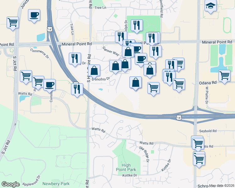 map of restaurants, bars, coffee shops, grocery stores, and more near 531 D'onofrio Drive in Madison