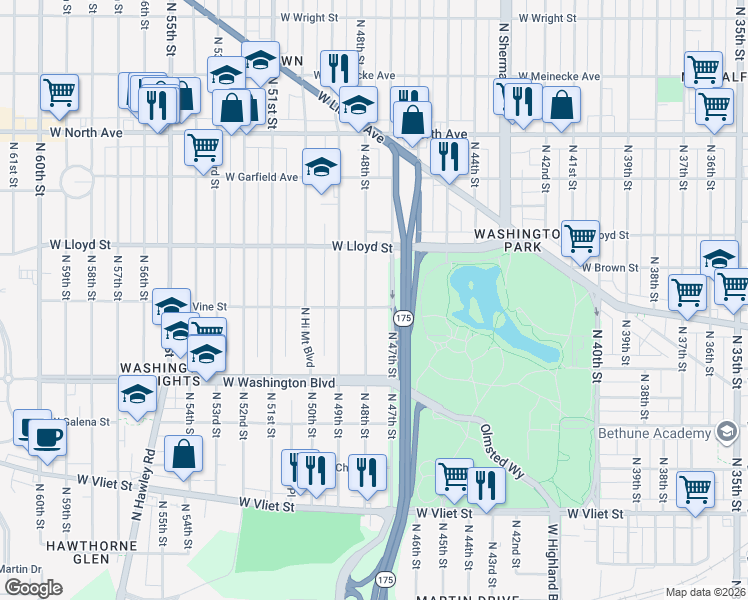 map of restaurants, bars, coffee shops, grocery stores, and more near 1908 North 48th Street in Milwaukee