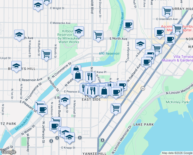 map of restaurants, bars, coffee shops, grocery stores, and more near 1131 East Kane Place in Milwaukee