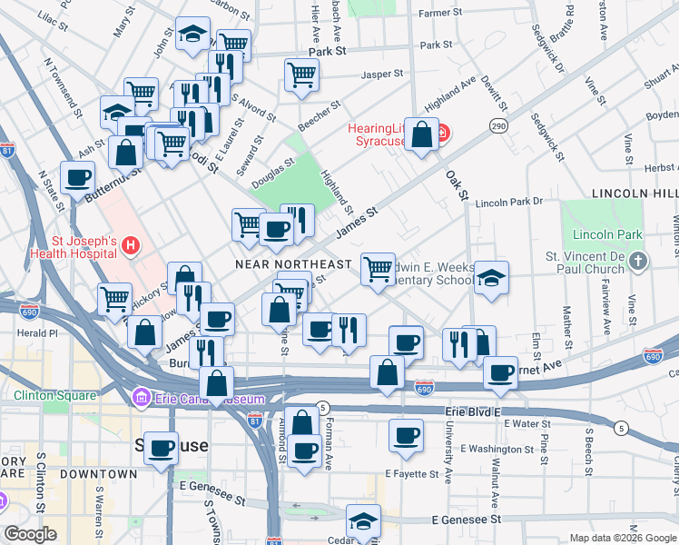map of restaurants, bars, coffee shops, grocery stores, and more near 713 Lodi Street in Syracuse