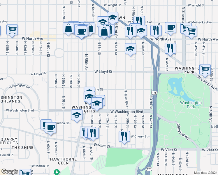 map of restaurants, bars, coffee shops, grocery stores, and more near 1906 North 52nd Street in Milwaukee