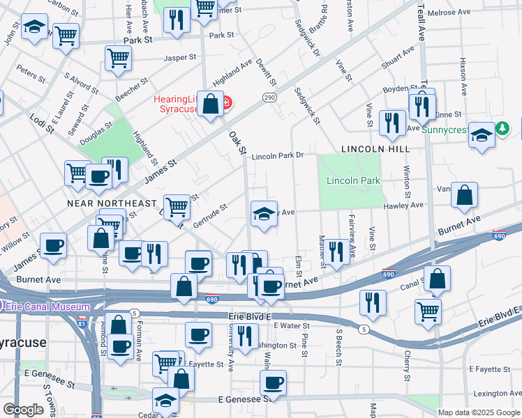 map of restaurants, bars, coffee shops, grocery stores, and more near 719 Hawley Avenue in Syracuse