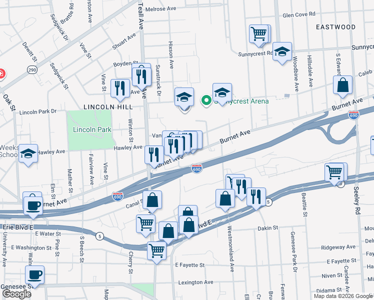 map of restaurants, bars, coffee shops, grocery stores, and more near 318 Greenway Avenue in Syracuse