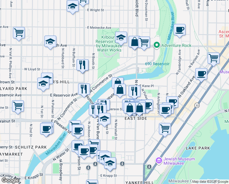 map of restaurants, bars, coffee shops, grocery stores, and more near 1915 North Pierce Street in Milwaukee