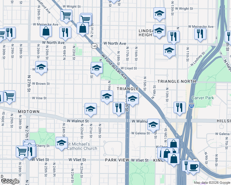 map of restaurants, bars, coffee shops, grocery stores, and more near 1952 North 19th Street in Milwaukee